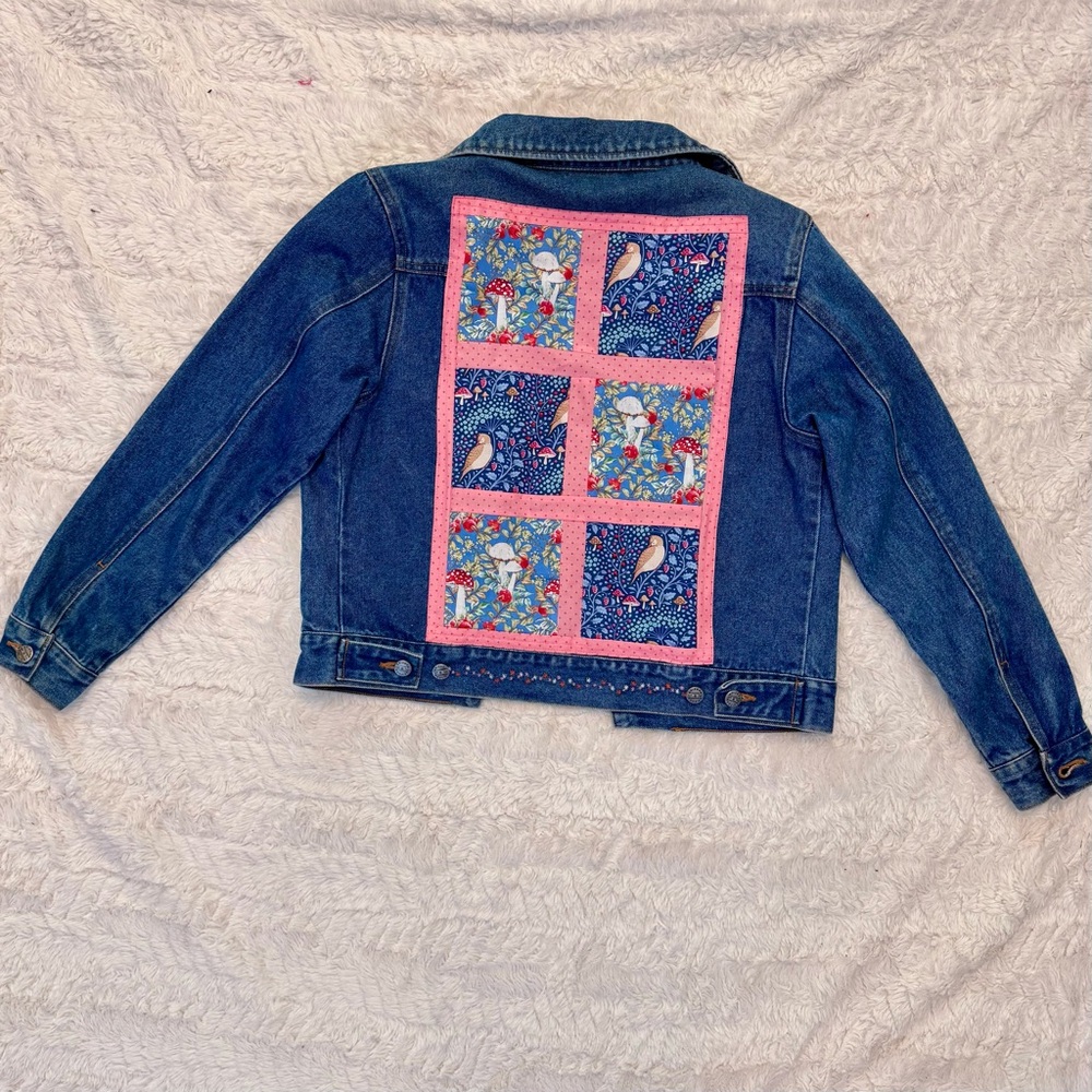 Upcycled Denim Jacket M Cottagecore Mushroom Embroidery Patchwork one of a kind - Picture 2 of 7